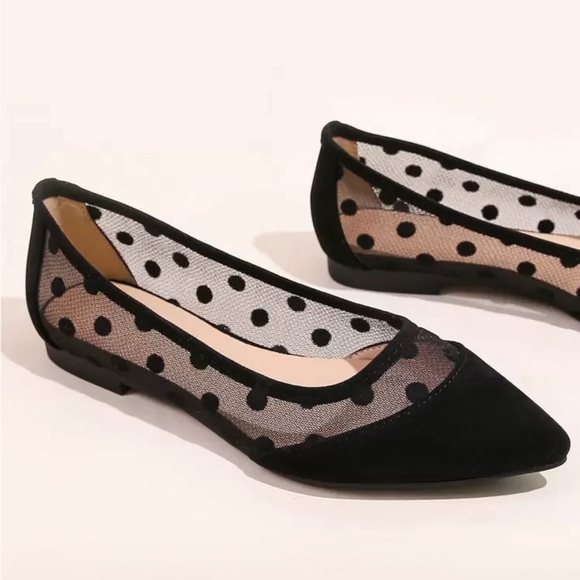 Shoes - Black Polka Dot Mesh Pointed Toe Flats